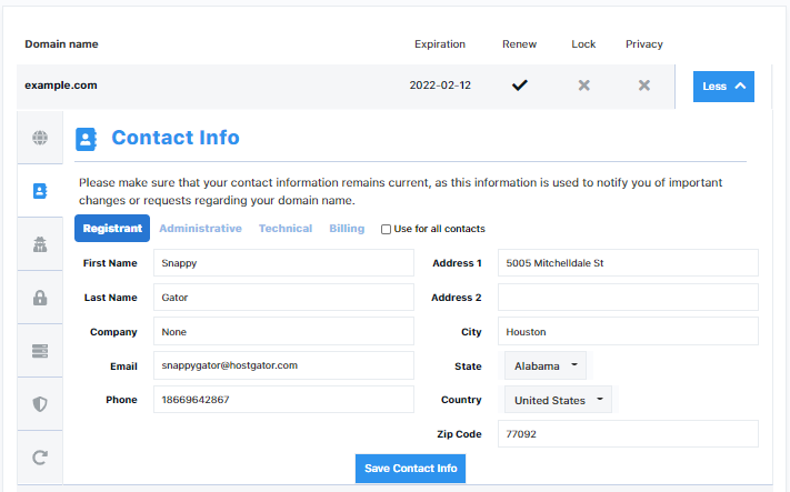 HostGator Customer Portal Domains Contact Info