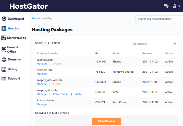 Manage button for hosting packages