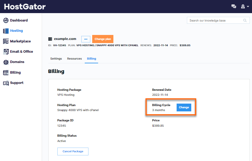 Customer Portal - Billing tab - Billing Cycle Change button