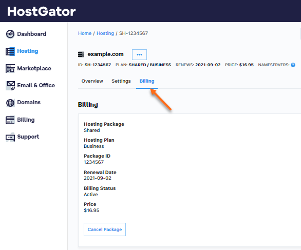 HostGator - Portal - Manage Hosting - Billing Tab