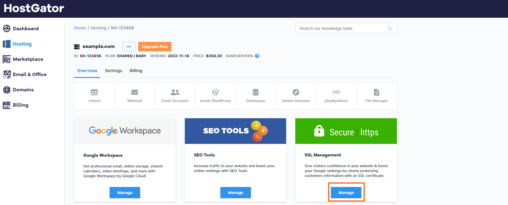 HostGator Portal v2 SSL Management Learn More Button