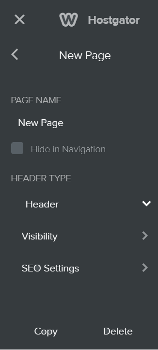 HostGator Weebly page header options screenshot