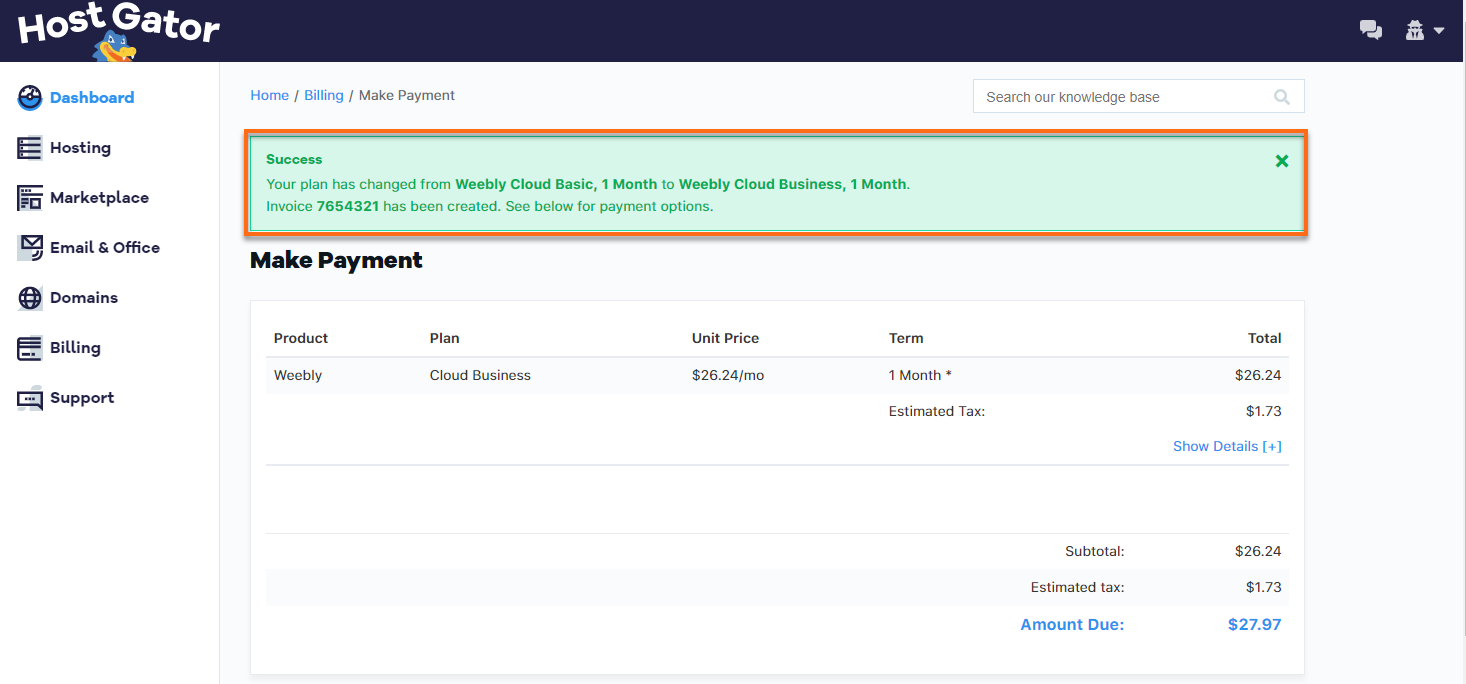 Customer Portal - Weebly Upgrade Invoice