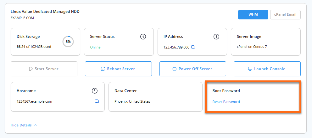 Reset WHM Root Password Option in Customer Portal