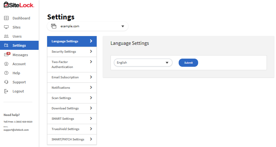 SiteLock Language Settings