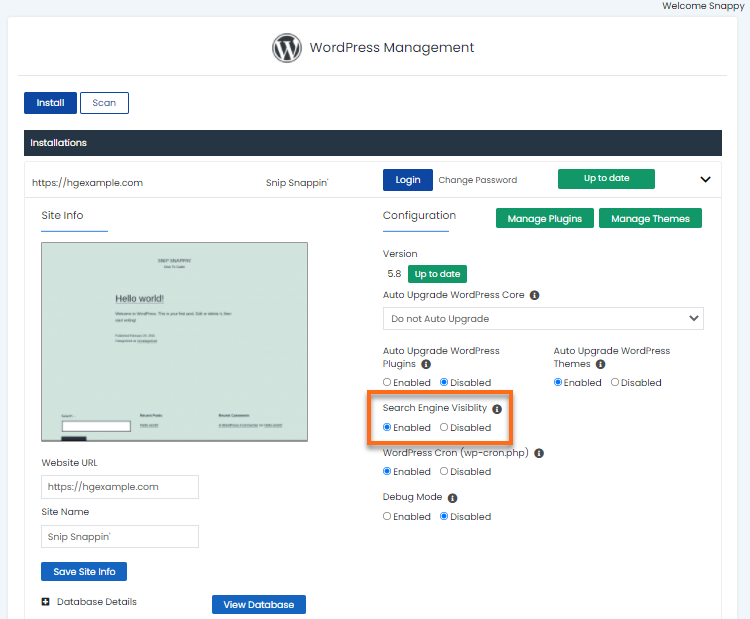 WordPress Manager - Search Engine Visibility