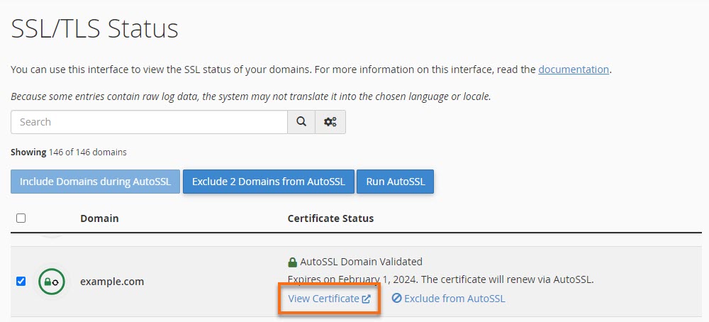 cPanel - SSL/TLS Status - View certificate