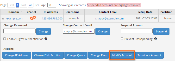 WHM - Modify Account