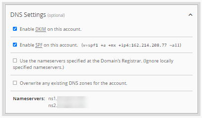 WHM - Create a New Account - DNS Settings