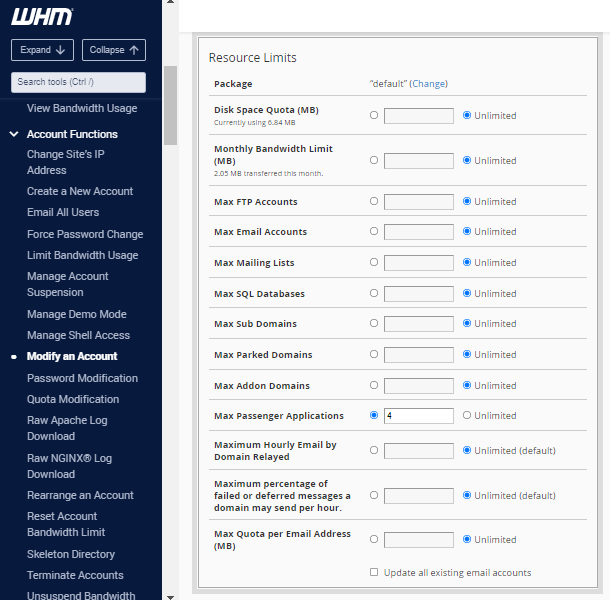 WHM cPanel Resource Limits