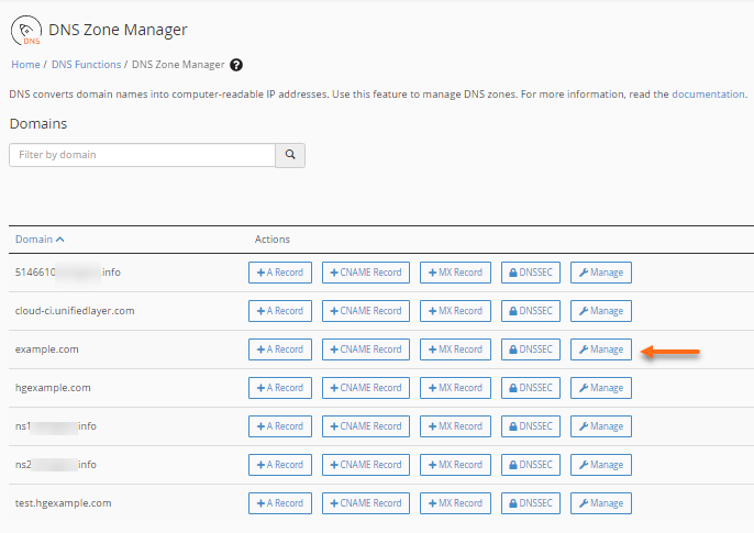 WHM - DNS Zone Manager - Manage button
