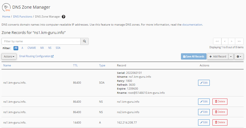 WHM - DNS Zone Manager - DNS records details