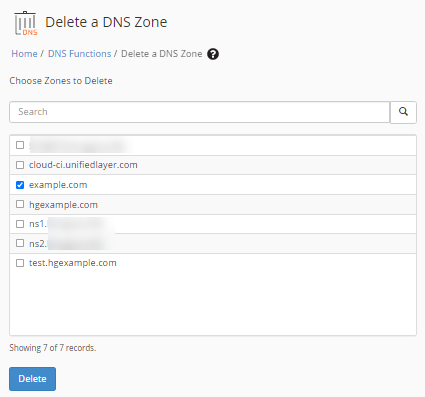 WHM - DNS Functions - Choose zones to delete