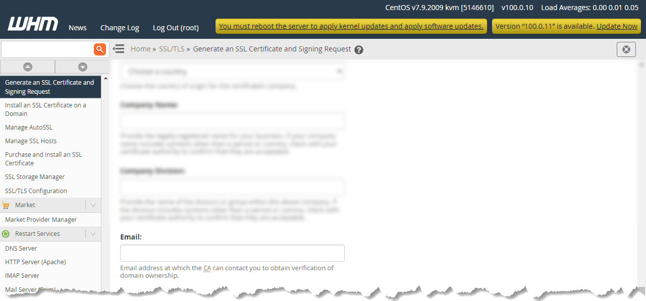 HostGator WHM Generate an SSL Certificate and Signing Request