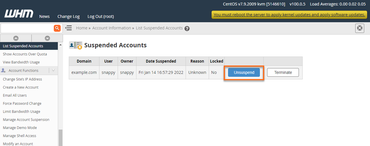 HostGator List Suspended Accounts Unsuspend Button