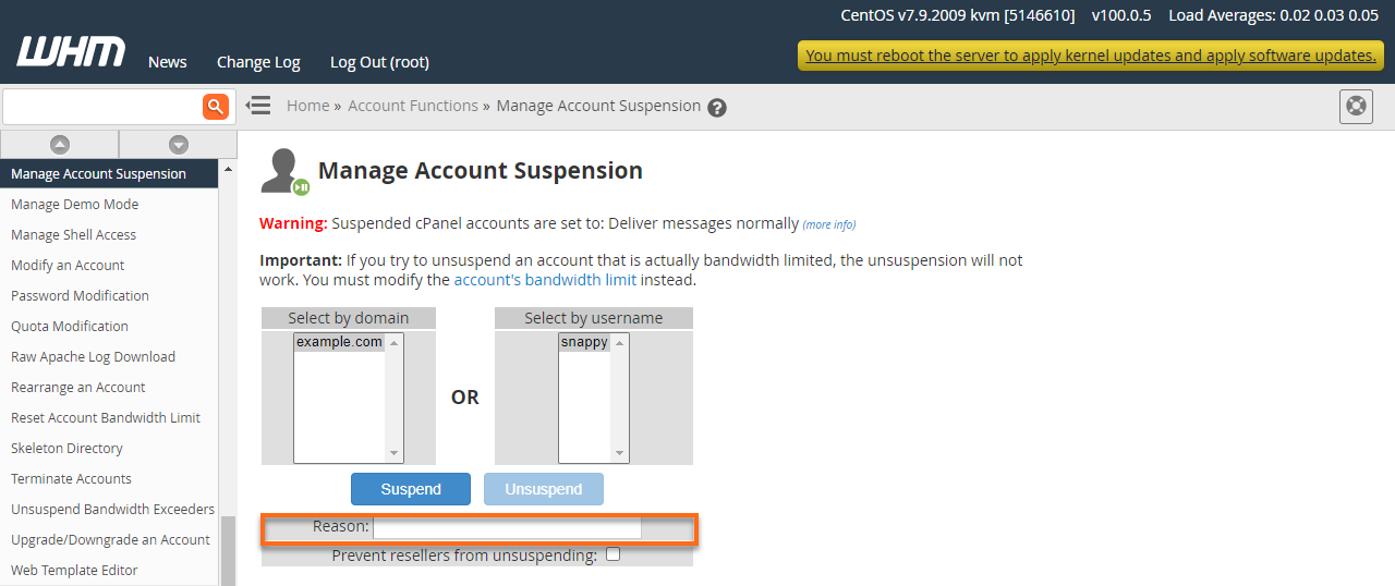 HostGator Manage Account Suspension Reason Field