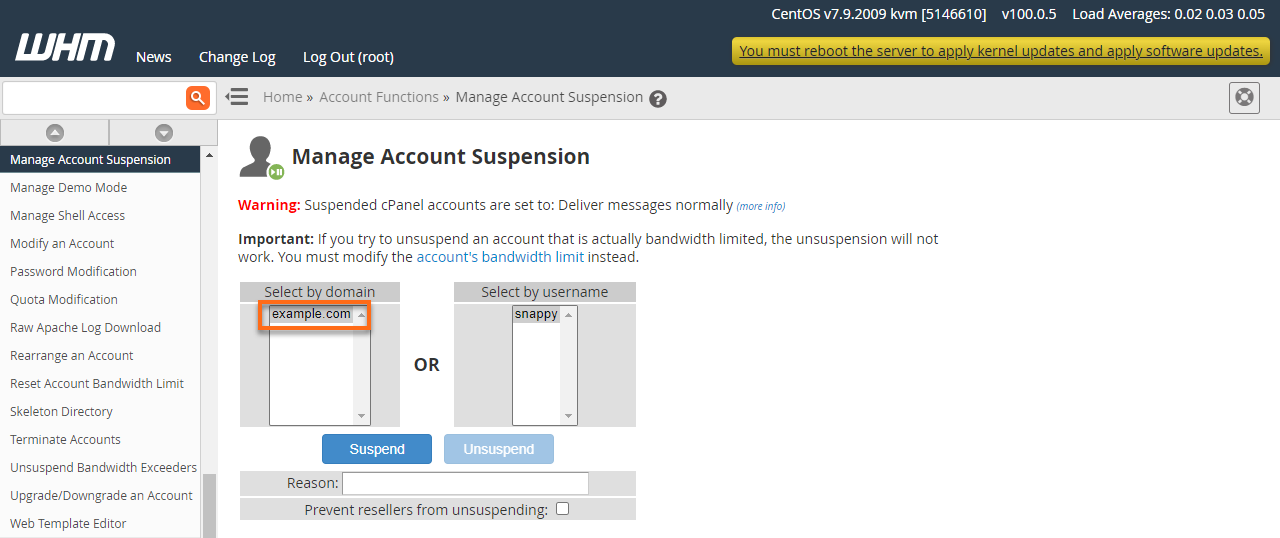 HostGator Manage Account Suspension Select Domain