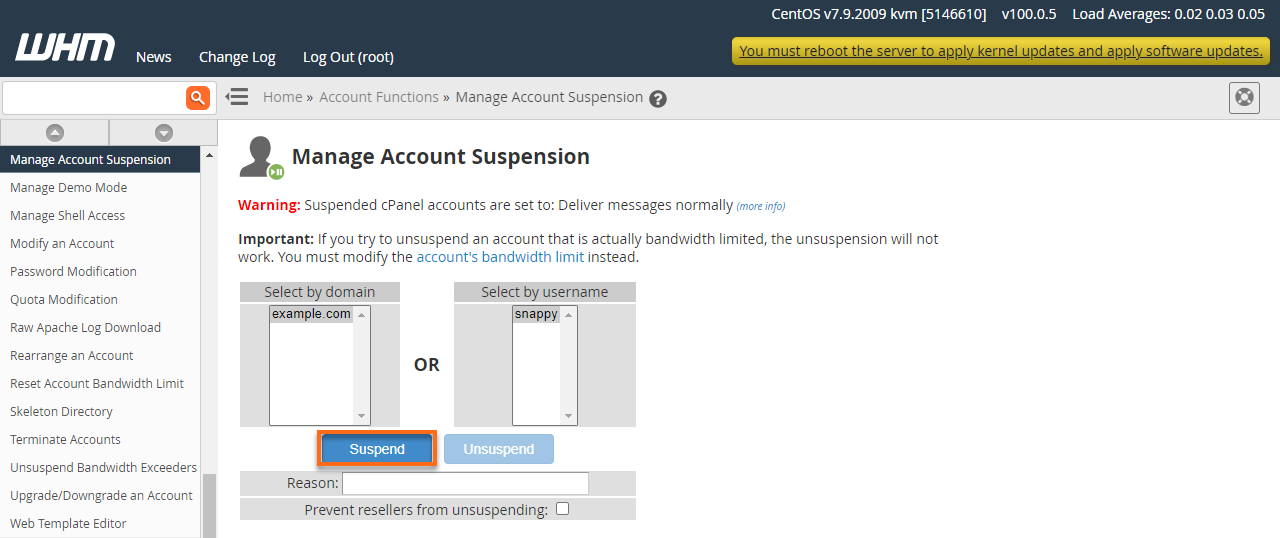 HostGator Manage Account Suspension Suspend Button