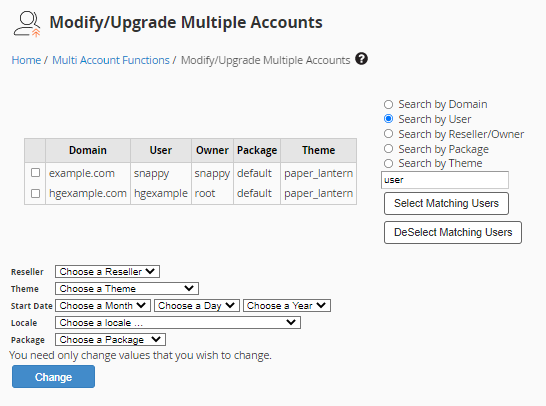 WHM - Modify/Upgrade Multiple Accounts - Make changes