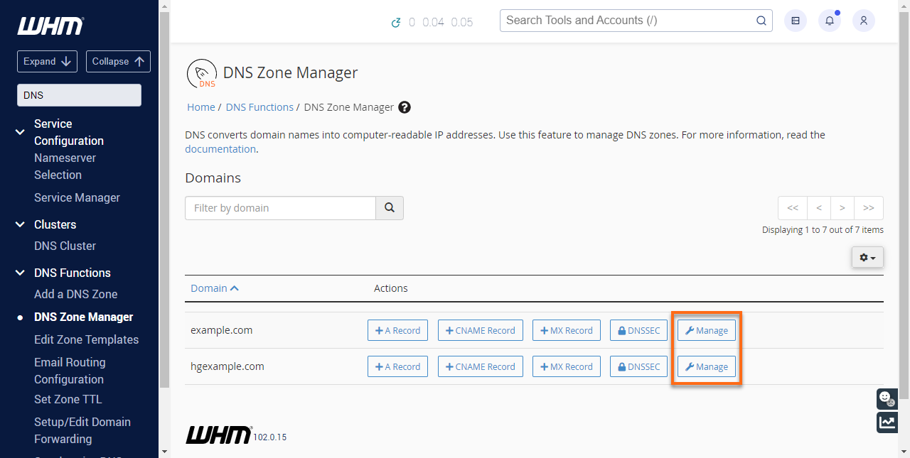 HostGator WHM DNS Functions DNS Zone Manager Manage button