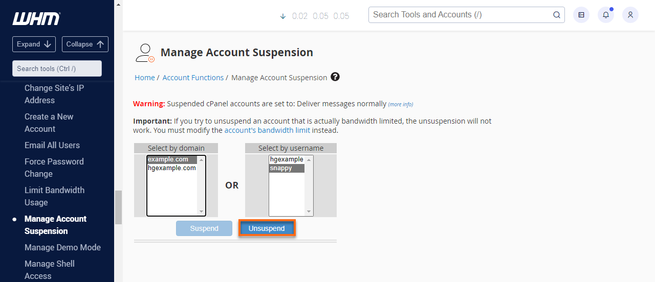 HostGator Manage Account Suspension Unsuspend Button
