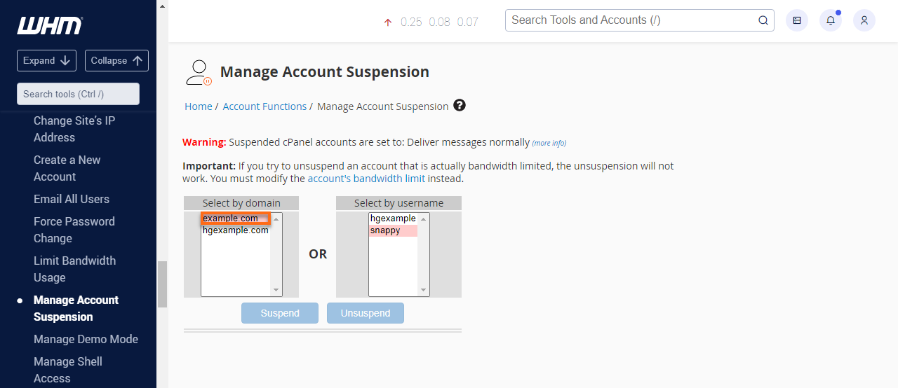 HostGator Manage Account Suspension Unsuspension Select Domain