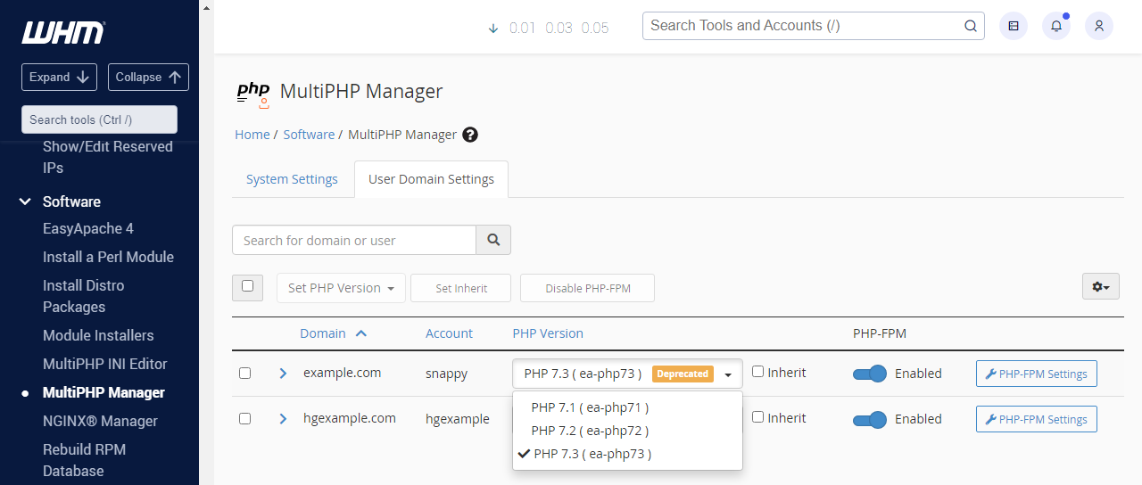 HostGator WHM MultiPHP Manager