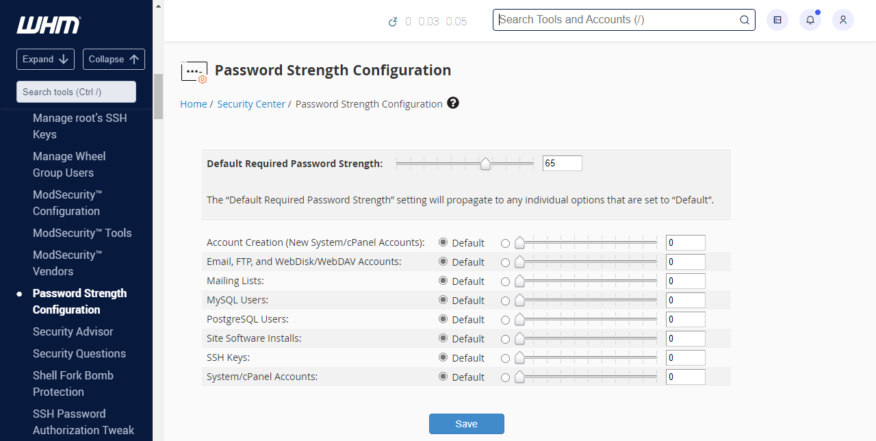 Password Strength Configuration Page