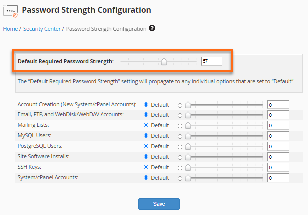 WHM - Security Center - Default Required Password Strength toggle bar