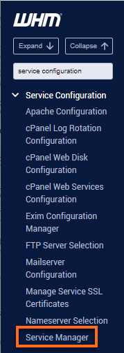 WHM - Service Configuration - Service Manager