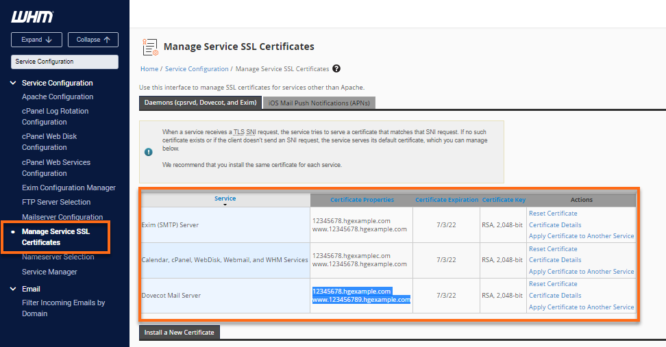 WHM manage certificates