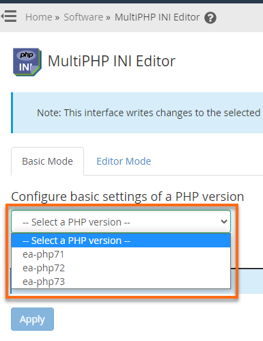 WHM MultiPHP INI Editor - Select PHP Version