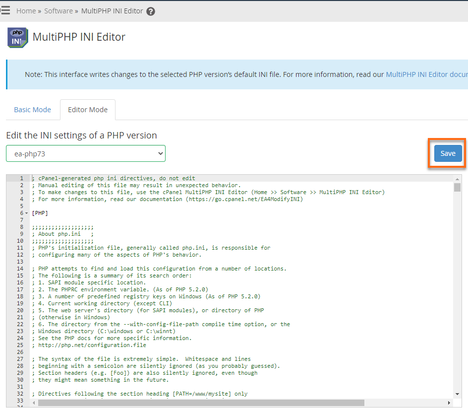 WHM MultiPHP INI Editor - Editor Mode