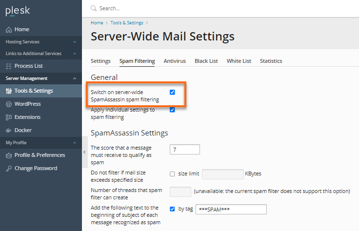Windows Dedicated Server with MailEnable Plesk Spam Assassin Checkbox
