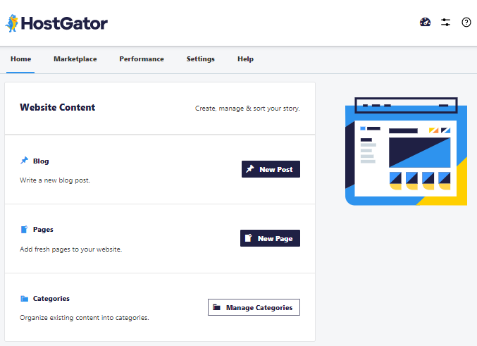 HostGator plugin - Home tab - Website content