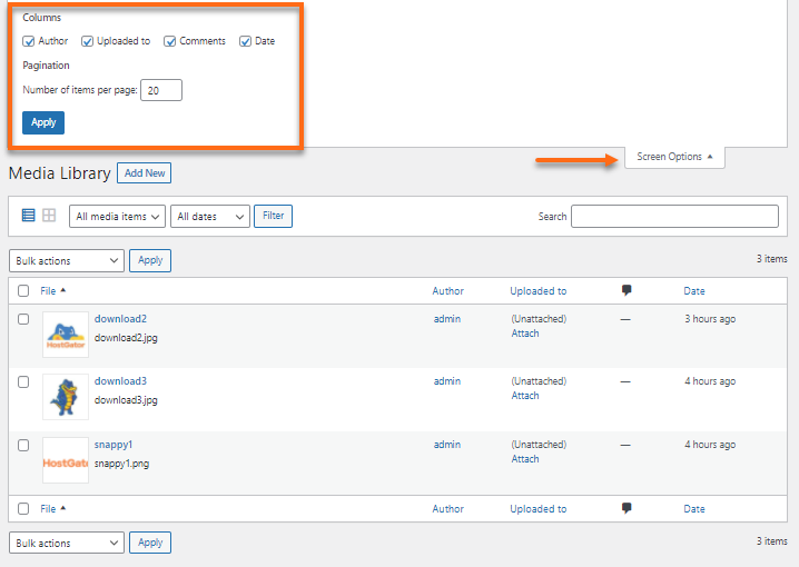 Media Library - List View - Screen Options