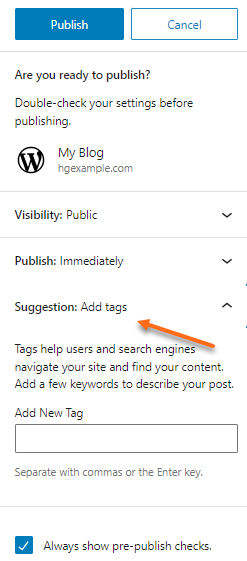 WordPress - Publish  settings - Set suggestions