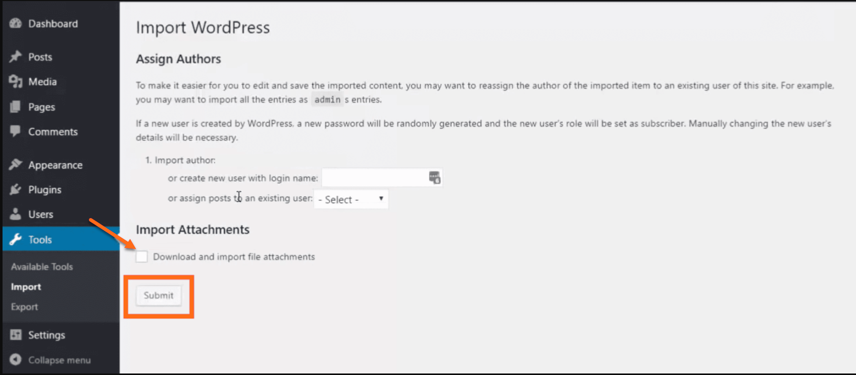 Download and Import File Attachments Box Submit button