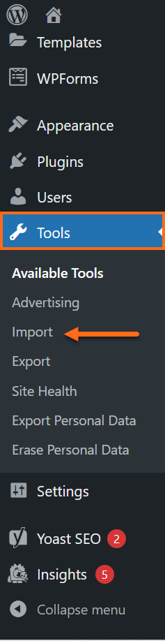 WordPress Dashboard Tools Navigational Tab Import Dropdown button
