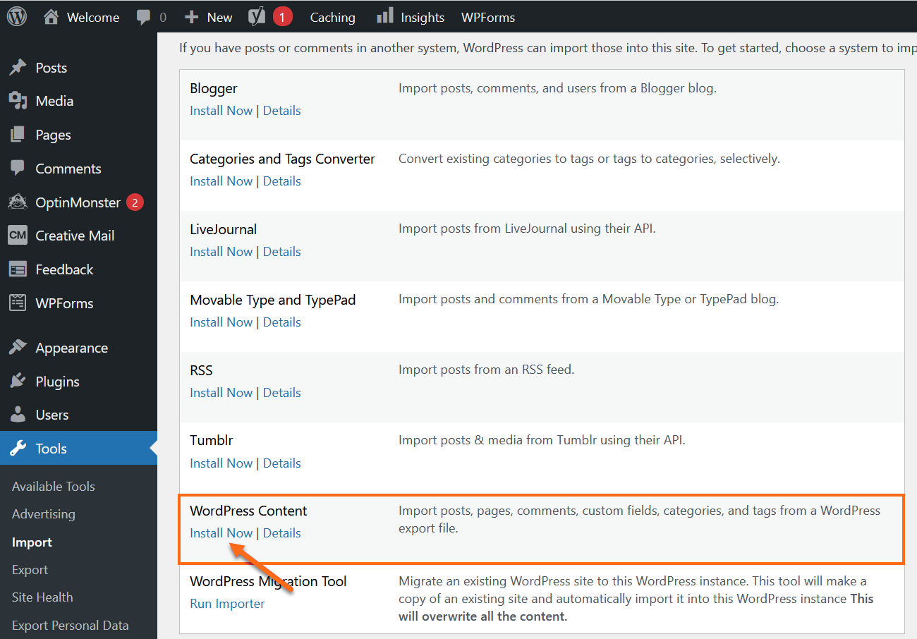 WordPress Content Section Install Now option