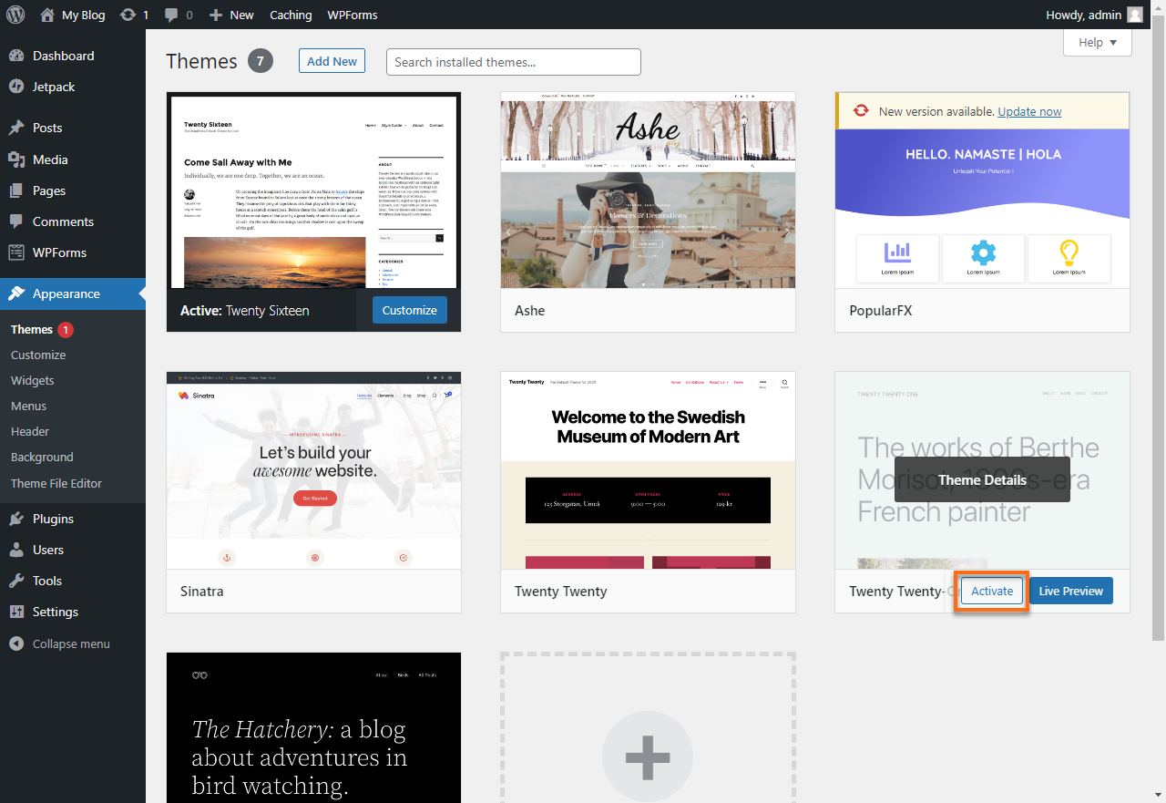 HostGator WordPress Dashboard Appearance Theme Activate