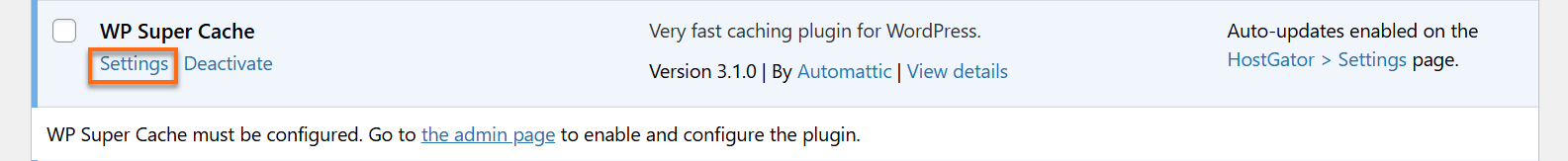 WordPress - Plugins - Settings WP Super Cache