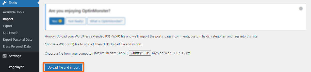 WP Dashboard Upload File and Import